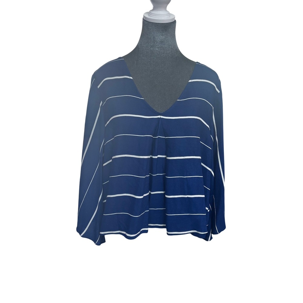 Sugar Lips Striped V-Neck Nautical Coastal Parisian Blouse Navy White V-Back M
